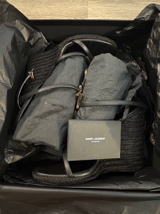 SAINT LAURENT 100mm Cassandra Sandals In Nero wegdes goldish logo hardware 40 9 - Picture 6 of 7